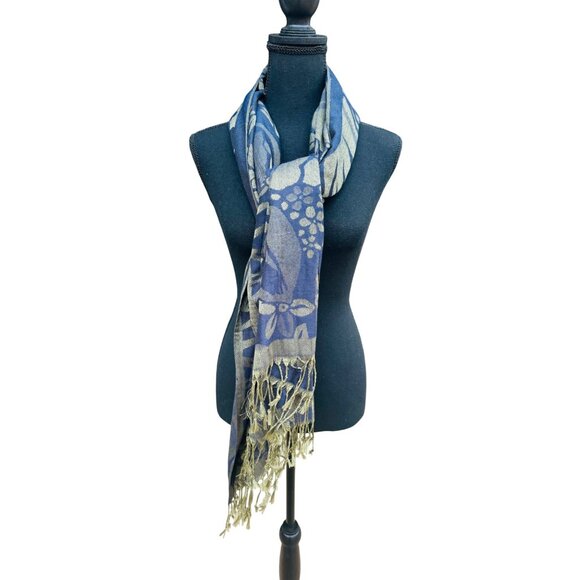 Floral Reversible Shawl/Wrap With Fringe Edges In Blue & Olive Green For Women - Picture 1 of 6